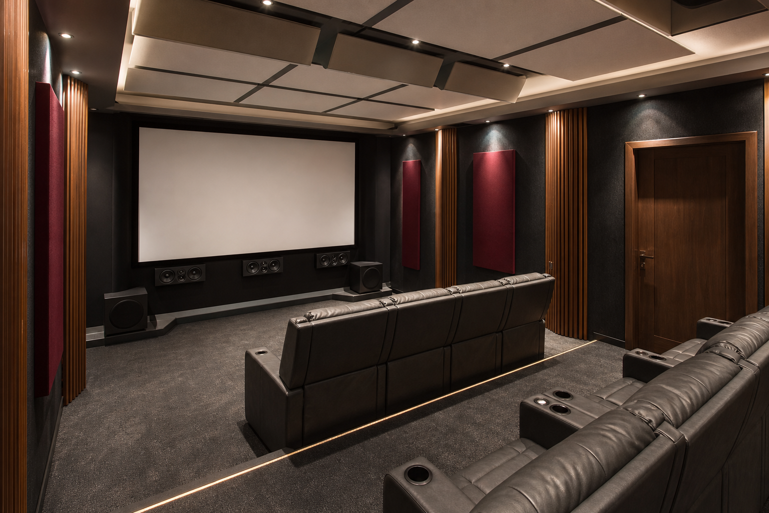 Bas tuzakları, akustik paneller, tavan elemanları ve izole subwoofer platformları bulunan home cinema odası