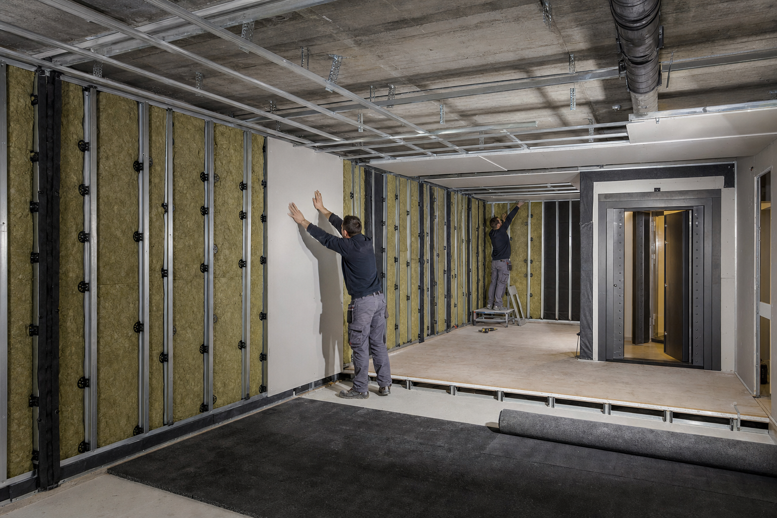 Bağımsız karkas, mineral yün, titreşim klipsleri ve yüzer zeminle home cinema ses yalıtımı uygulaması