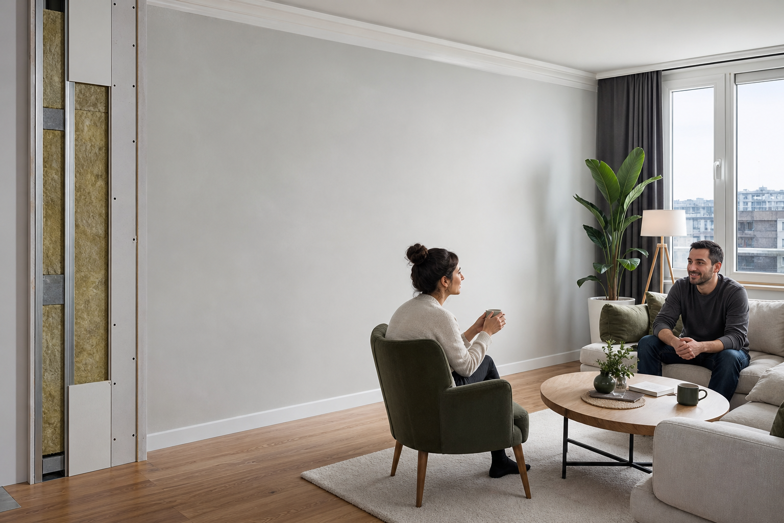 Ortak duvar ses yalıtımı tamamlanmış modern bir yaşam alanı ve duvarın katmanlı yapısı
