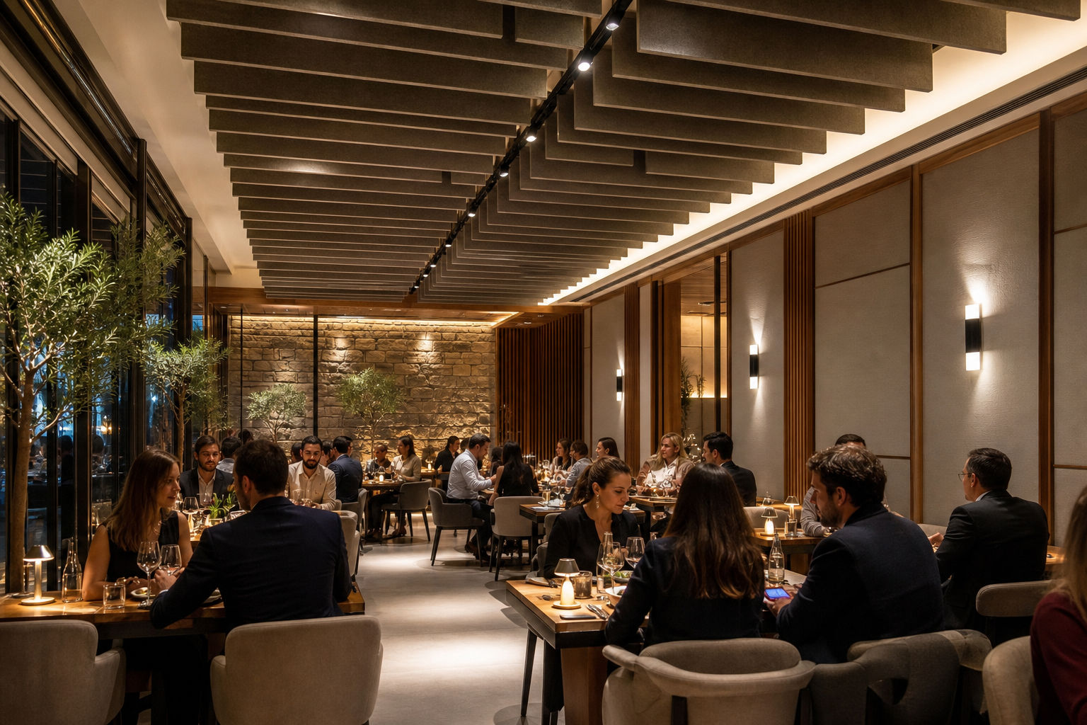 Tavan baffle ve duvar panelleriyle akustik konforu iyileştirilmiş modern restoran