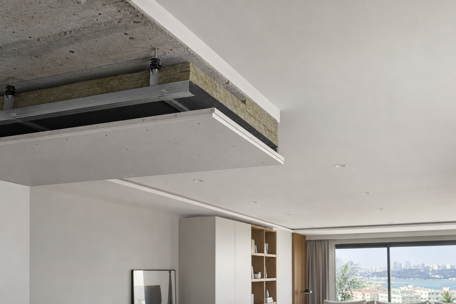 Beton döşeme altında titreşim önleyici askı, metal karkas, mineral yün, ses bariyeri ve çift alçıpan katmanları